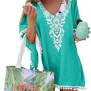 NEW! Pom Pom TRIM Kaftan CHIFFON Swimwear Beach COVER Up